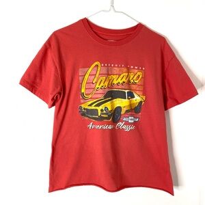 GM Official Merchandise Red Orange Chevy Camaro Cropped Tee Distressed Graphic